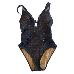 BECCA NWOT Black Crochet One Piece Bathing Suit Women's Size Medium